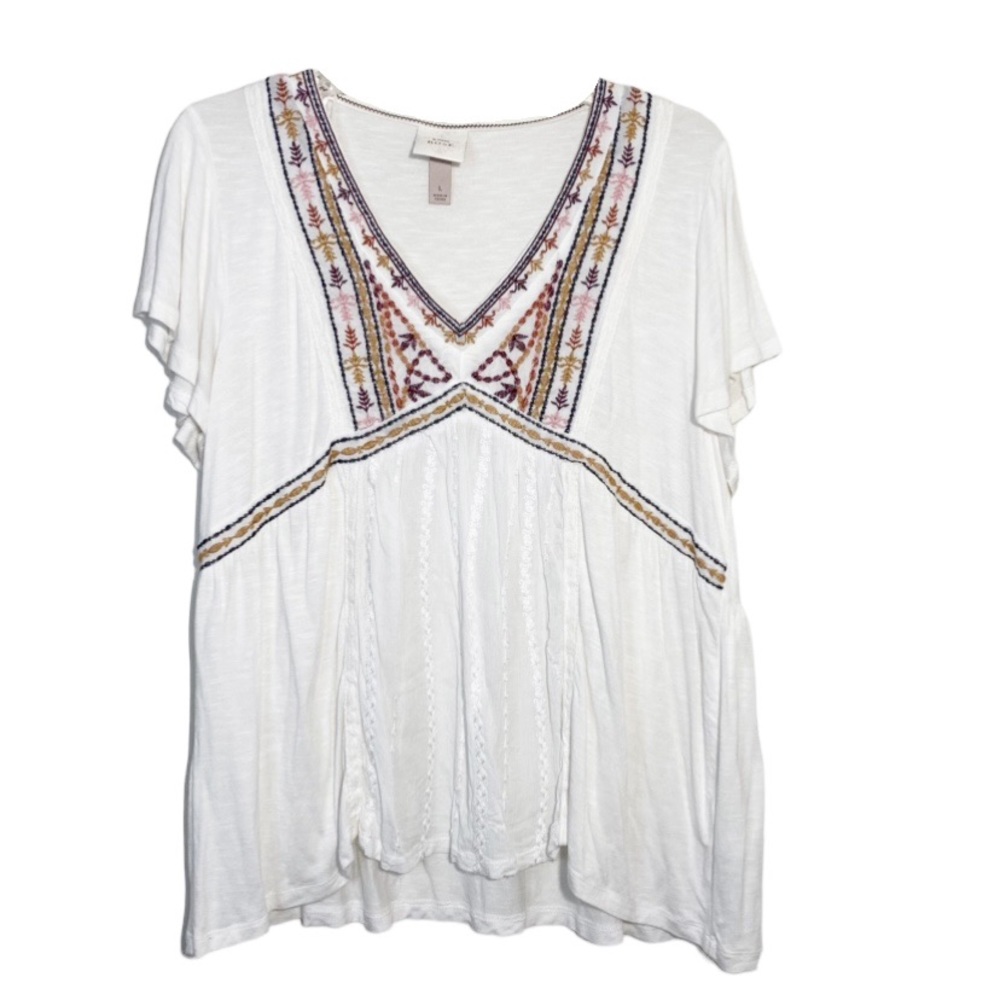 Knox Rose Blouse Womens Large White Pink Maroon Embroidered Batwing V Neck Boho